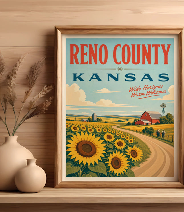 Vintage Reno County, Kansas travel poster with sunflowers and barn.