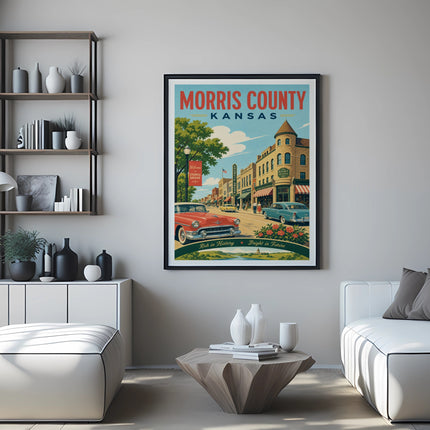 Morris County Kansas travel poster with vintage cars and buildings.