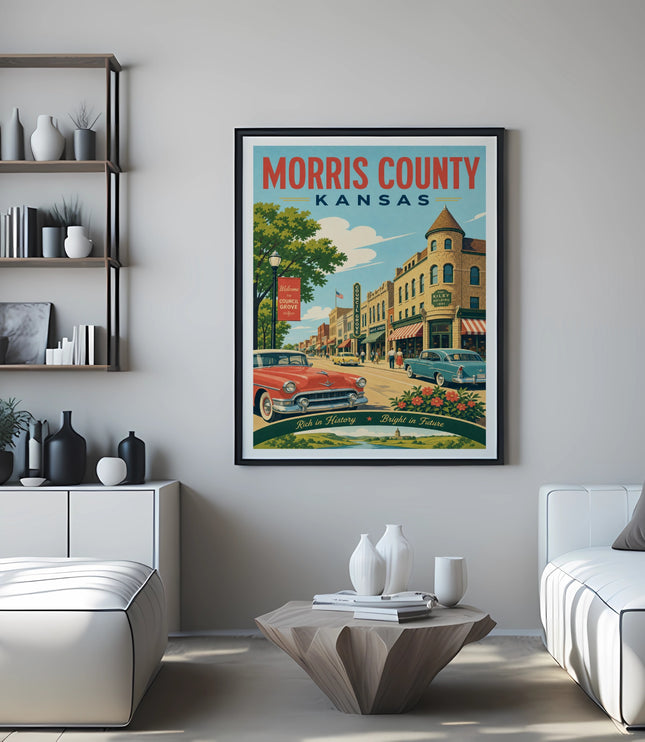 Morris County Kansas travel poster with vintage cars and buildings.