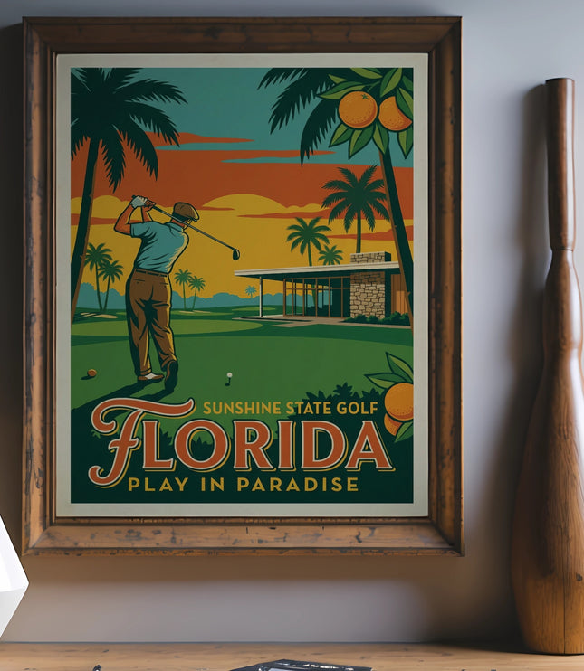 Vintage Florida golf poster with a golfer on the course and text "Sunshine State Golf Florida Play in Paradise".