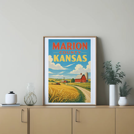 Vintage poster featuring Marion County, Kansas with a barn, wheat field, and country road.