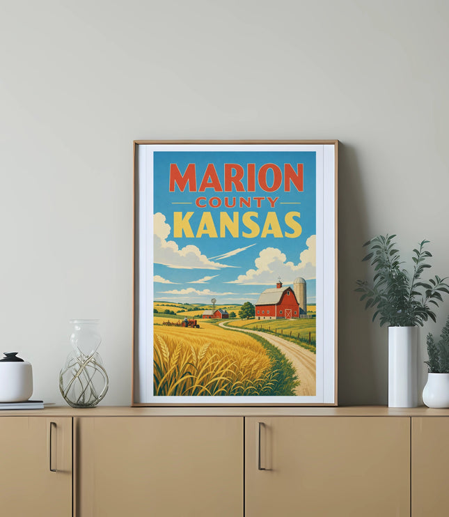 Vintage poster featuring Marion County, Kansas with a barn, wheat field, and country road.