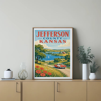 Jefferson County, Kansas vintage travel poster with rolling hills and a classic car.