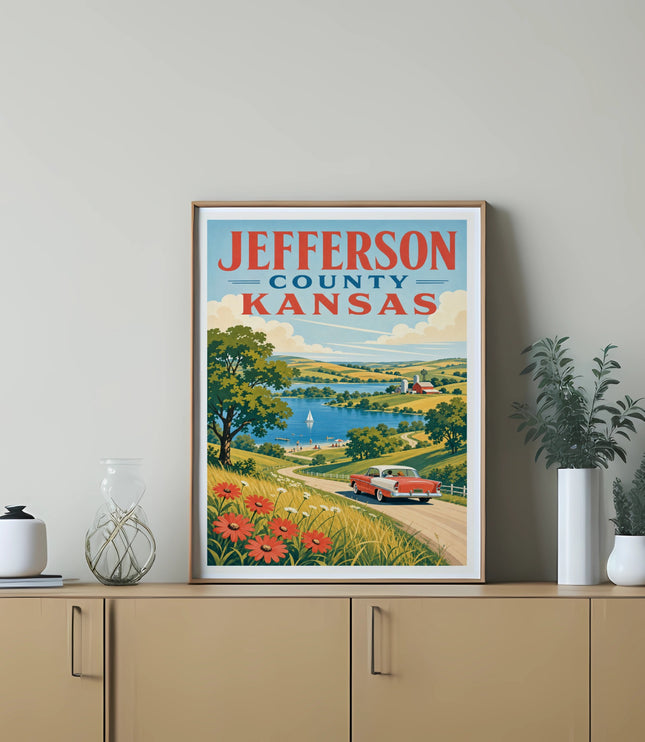 Jefferson County, Kansas vintage travel poster with rolling hills and a classic car.