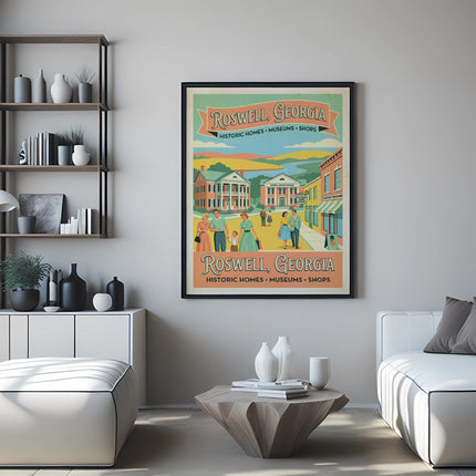 Poster for Roswell, Georgia showing historic buildings, people, and a river scene.