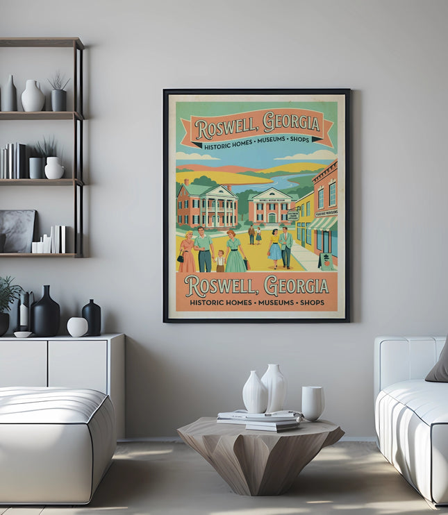 Poster for Roswell, Georgia showing historic buildings, people, and a river scene.