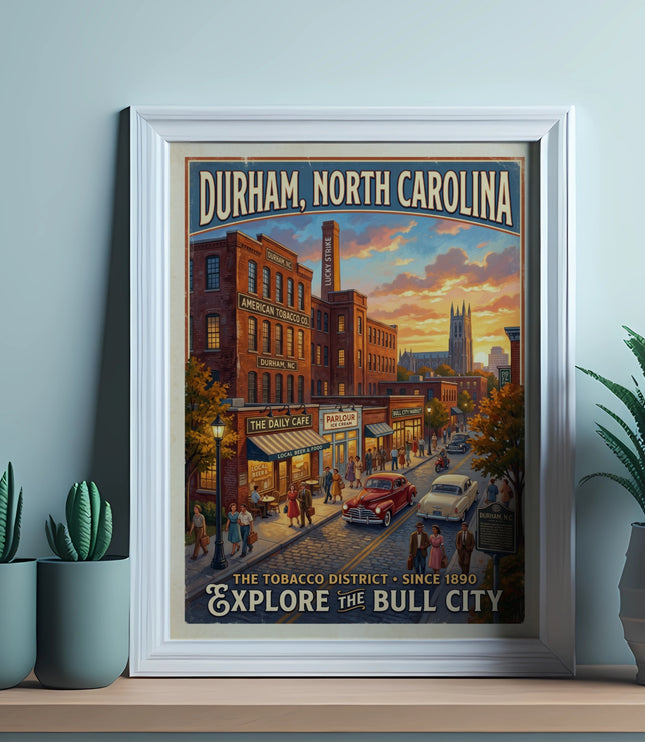 Vintage poster of Durham, North Carolina. Street scene with buildings, people, and cars.
