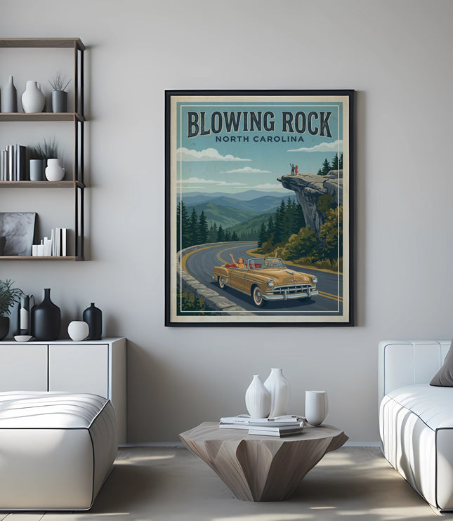 Vintage travel poster of Blowing Rock, North Carolina, with a car driving a scenic mountain road.