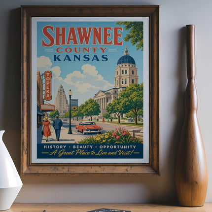 Shawnee County, Kansas poster with Topeka landmarks and vintage car.