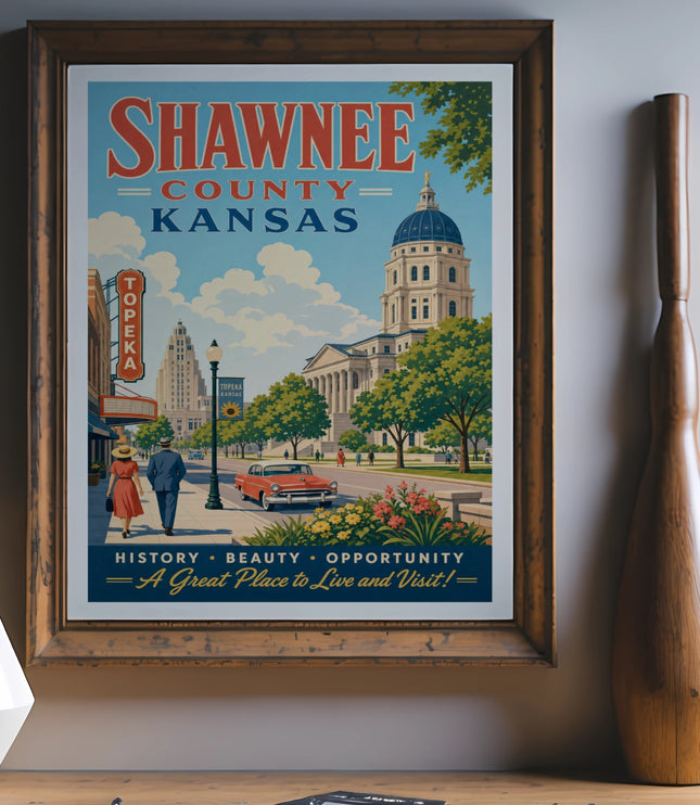 Shawnee County, Kansas poster with Topeka landmarks and vintage car.