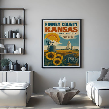 Finney County Kansas Garden City poster with sunflowers and a barn.