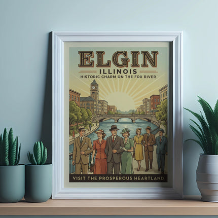 Elgin, Illinois historic charm poster with people on a street.