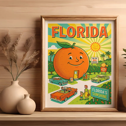 Retro Florida poster with a smiling orange, cars, and "Florida's Sunshine" text.