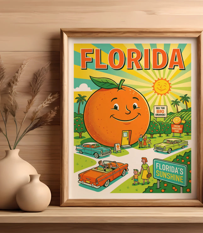 Retro Florida poster with a smiling orange, cars, and "Florida's Sunshine" text.