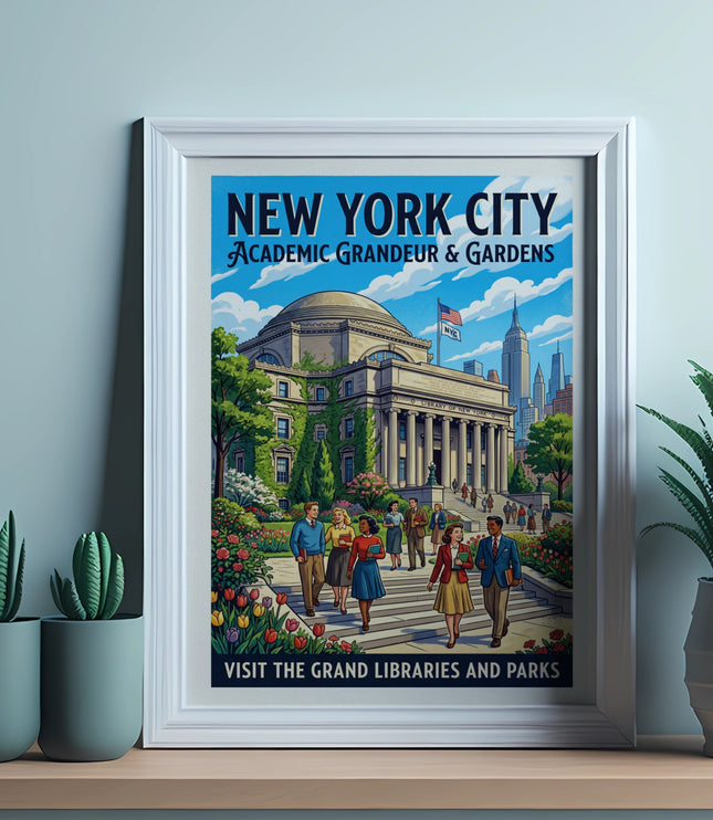 New York City vintage travel poster depicting academic buildings, gardens, and people.