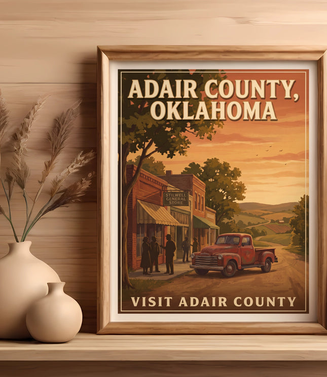 Vintage poster of Adair County, Oklahoma with a red truck and Stilwell General Store.