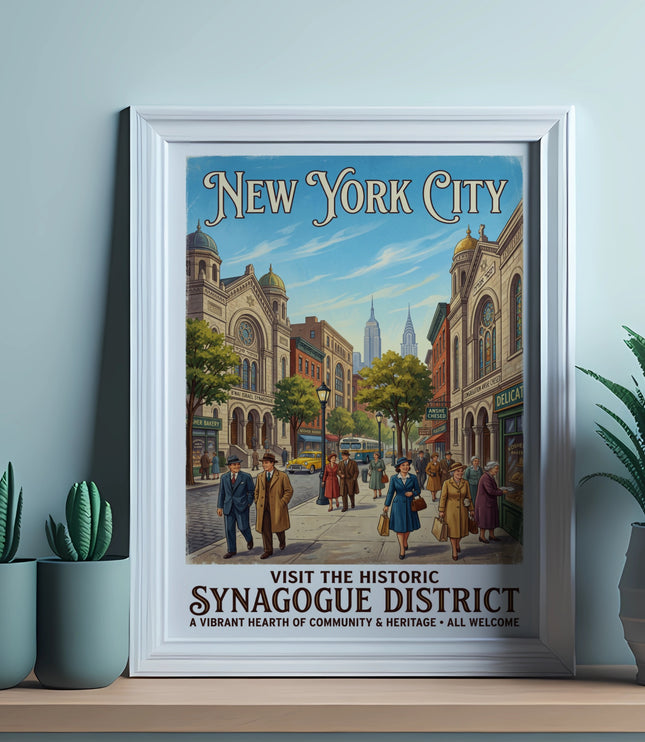 New York City Synagogue District vintage travel poster with text on poster.