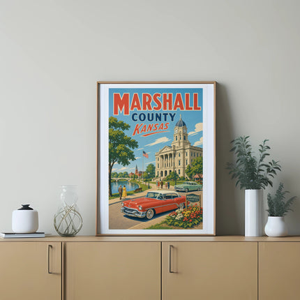 Vintage poster for Marshall County, Kansas, featuring a classic car and courthouse.
