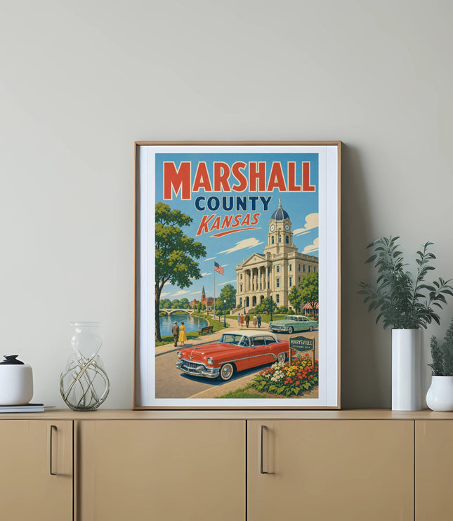 Vintage poster for Marshall County, Kansas, featuring a classic car and courthouse.