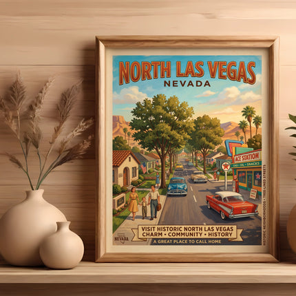 Framed North Las Vegas Nevada vintage travel poster with a family and ace station.