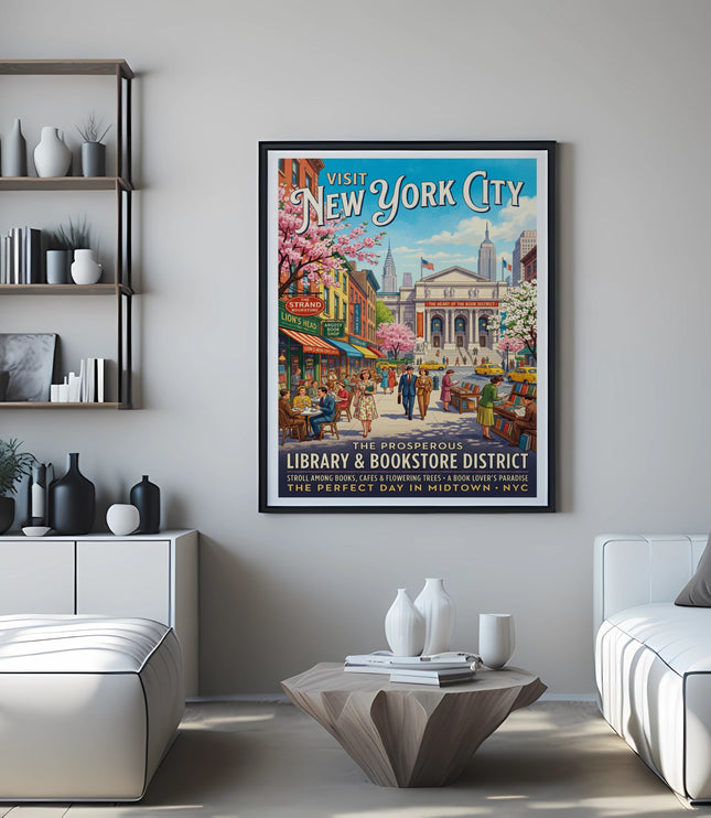 Vintage New York City Library & Bookstore District poster with cherry blossoms.
