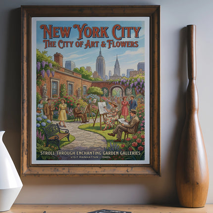 Vintage New York City art and flowers poster from the 1940s.