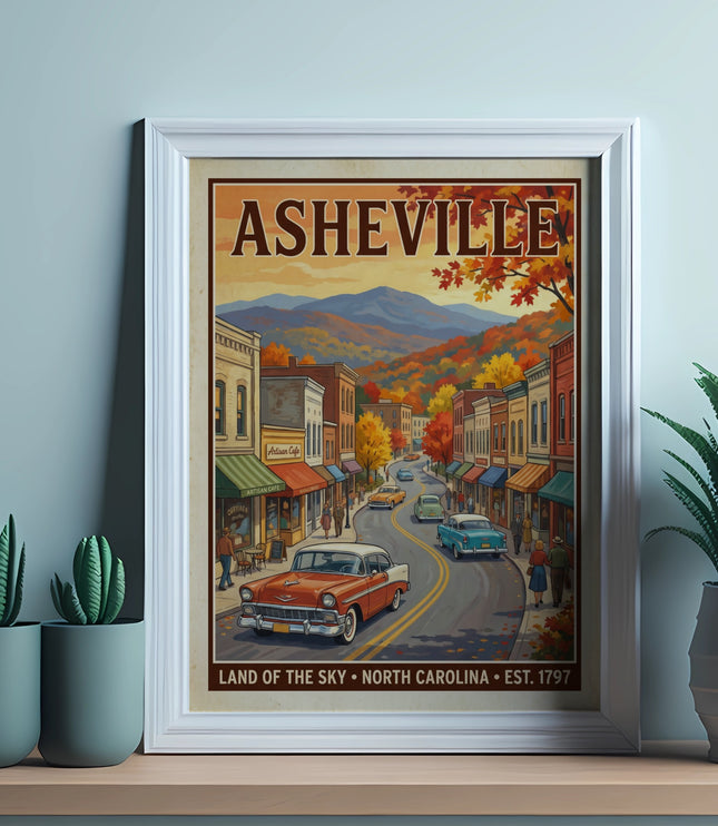 Vintage Asheville poster depicts a street with shops, cars, and autumn foliage.