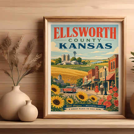 Ellsworth County Kansas vintage travel poster with sunflowers and town scene.