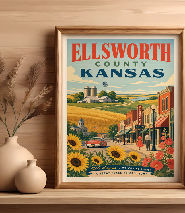 Ellsworth County Kansas vintage travel poster with sunflowers and town scene.