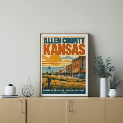 Allen County Kansas poster featuring a sunlit street scene with buildings and text.