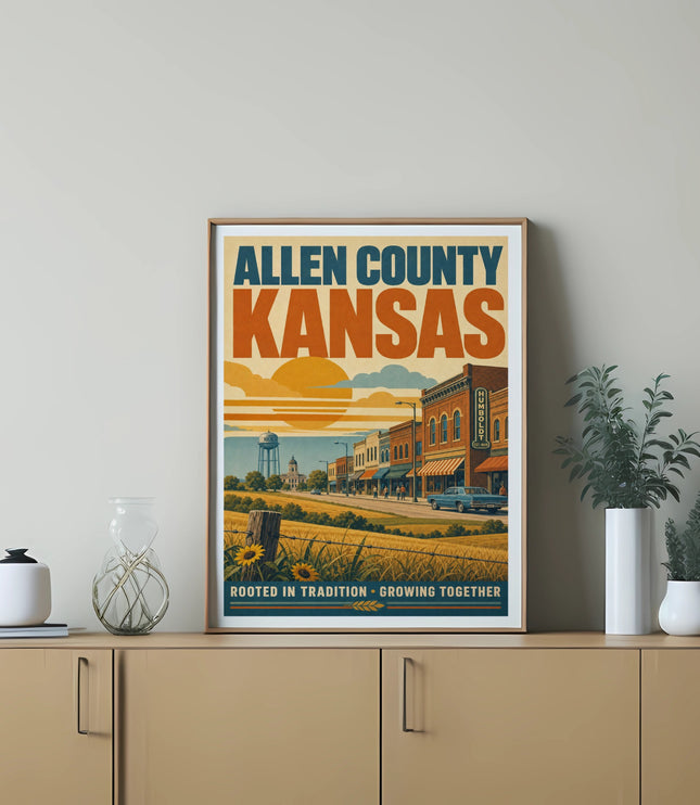 Allen County Kansas poster featuring a sunlit street scene with buildings and text.