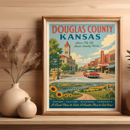 Douglas County Kansas poster with city and country scenes, featuring "Granada" theater.