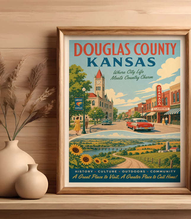 Douglas County Kansas poster with city and country scenes, featuring "Granada" theater.