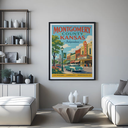 Montgomery County Kansas Independence vintage travel poster with car and buildings.