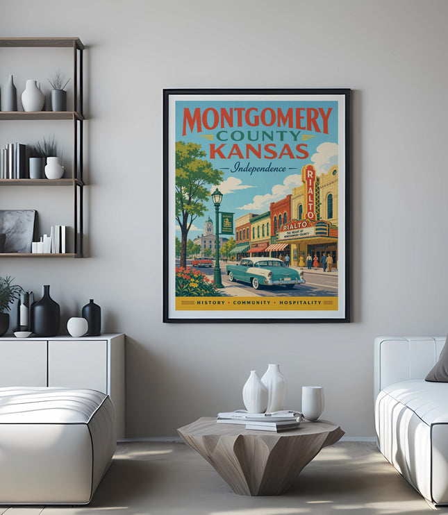 Montgomery County Kansas Independence vintage travel poster with car and buildings.