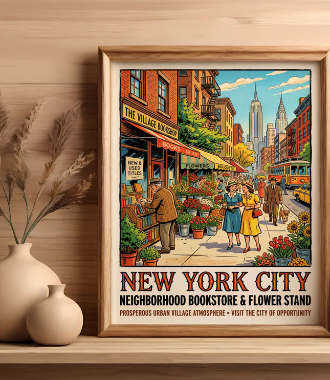 New York City guidebook print featuring New Village bookshop and flower stand with Empire State Building.