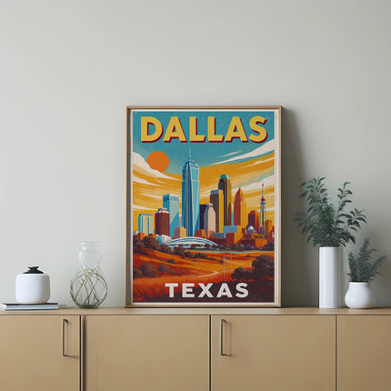 Dallas, Texas skyline art print in a frame on a dresser.