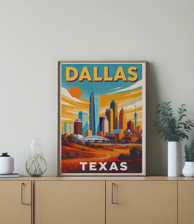 Dallas, Texas skyline art print in a frame on a dresser.