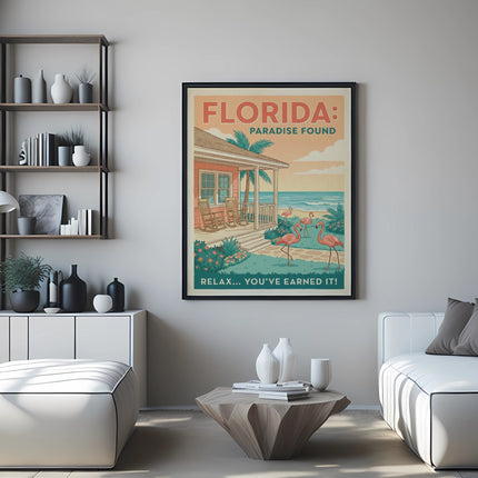 Poster for "Florida: Paradise Found" featuring flamingos and a beach house.