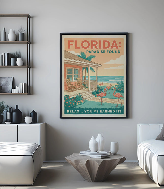 Poster for "Florida: Paradise Found" featuring flamingos and a beach house.