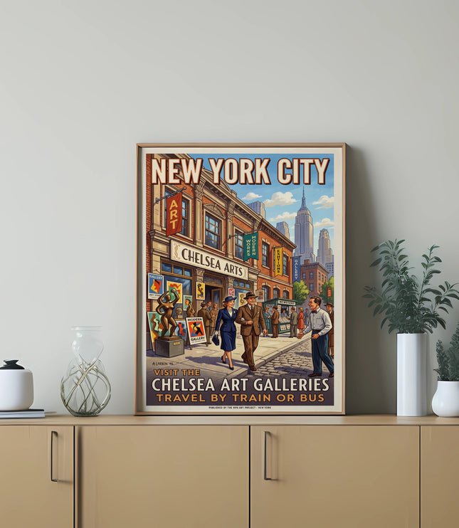 New York City poster with Chelsea Art Galleries, Empire State Building, and people walking.