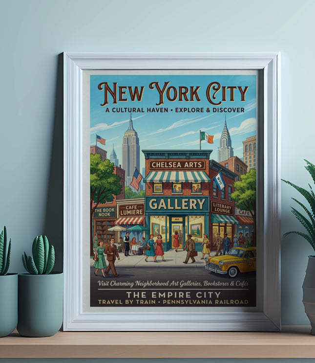 New York City poster with Empire State and Chrysler buildings, arts, cafes, and taxi.