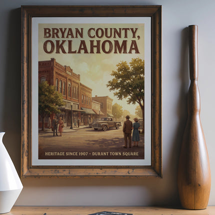 Bryan County, Oklahoma heritage poster showing a vintage town square scene.
