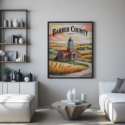 Barber County Kansas courthouse in a field of wheat under a sunset sky.