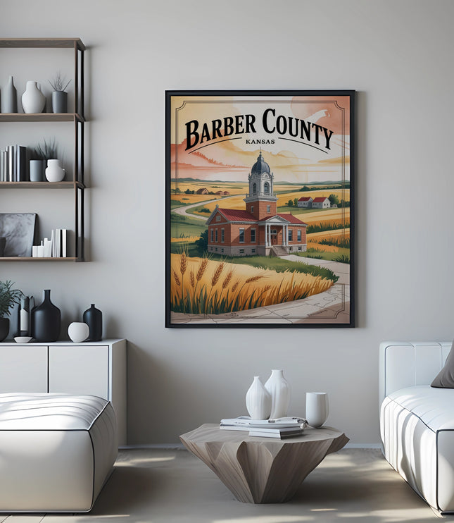 Barber County Kansas courthouse in a field of wheat under a sunset sky.