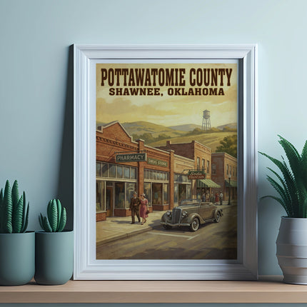 Pottawatomie County, Shawnee, Oklahoma vintage poster with a vintage car.