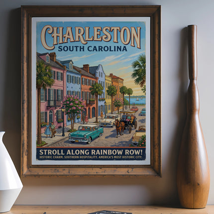 Charleston South Carolina poster with Rainbow Row, cars, and horse-drawn carriage.
