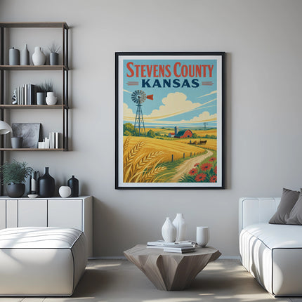 Framed poster of a Kansas farm scene with windmill and wheat fields.