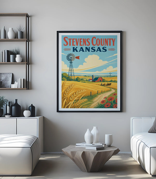 Framed poster of a Kansas farm scene with windmill and wheat fields.