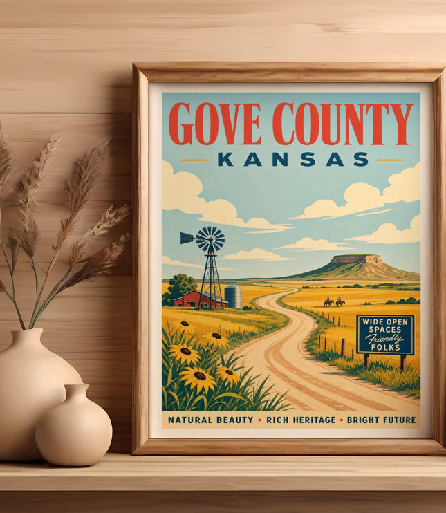 Gove County Kansas vintage travel poster with windmill, sunflowers, and mountains.